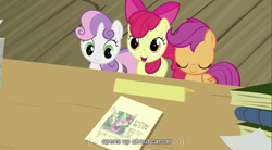 Size: 855x471 | Tagged: safe, edit, edited screencap, screencap, apple bloom, scootaloo, spike, sweetie belle, dragon, earth pony, pegasus, pony, unicorn, caption, cutie mark crusaders, female, filly, male, youtube caption