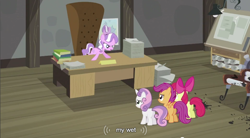 Size: 854x472 | Tagged: safe, edit, edited screencap, screencap, apple bloom, diamond tiara, scootaloo, sweetie belle, caption, cutie mark crusaders, youtube caption