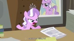 Size: 852x471 | Tagged: safe, screencap, diamond tiara, earth pony, pony, female, filly, jewelry, pink coat, tiara, two toned mane, youtube caption