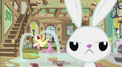 Size: 855x472 | Tagged: safe, derpibooru import, screencap, angel bunny, fluttershy, pegasus, pony, carpentry, youtube caption