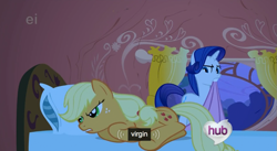 Size: 917x504 | Tagged: safe, derpibooru import, screencap, applejack, rarity, earth pony, pony, unicorn, look before you sleep, virgin, youtube caption