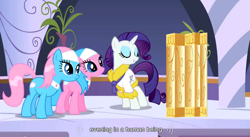 Size: 853x468 | Tagged: safe, derpibooru import, screencap, aloe, lotus blossom, rarity, pony, unicorn, spa twins, youtube caption