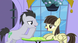 Size: 854x473 | Tagged: safe, screencap, lucky clover, wild fire, a canterlot wedding, female, luckyfire, male, shipping, straight, youtube caption