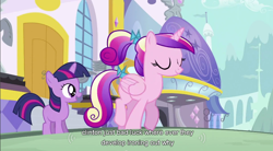 Size: 854x470 | Tagged: safe, edit, edited screencap, screencap, princess cadance, twilight sparkle, alicorn, pony, unicorn, a canterlot wedding, bill clinton, caption, eyes closed, female, filly, younger, youtube caption