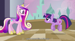 Size: 853x471 | Tagged: safe, screencap, princess cadance, twilight sparkle, alicorn, pony, a canterlot wedding, youtube caption