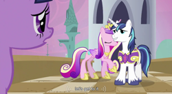 Size: 852x469 | Tagged: safe, screencap, princess cadance, shining armor, twilight sparkle, alicorn, pony, unicorn, a canterlot wedding, female, male, shiningcadance, shipping, straight, youtube caption