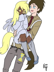 Size: 480x640 | Tagged: safe, artist:flamepsycho013, artist:icey-wicey-1517, color edit, edit, derpy hooves, doctor whooves, human, belt, bridal carry, carrying, clothes, colored, dark skin, doctorderpy, female, flats, food, humanized, jeans, male, muffin, necktie, open mouth, oversized clothes, pants, shipping, signature, simple background, socks, straight, suspenders, sweater, tailed humanization, thigh highs, white background, winged humanization, wings