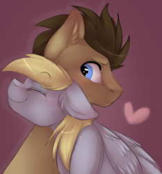 Size: 1024x1101 | Tagged: safe, artist:xcaramelcookiex, derpy hooves, doctor whooves, blushing, doctorderpy, eyes closed, female, heart, hearts and hooves day, male, neck hug, shipping, simple background, smiling, straight