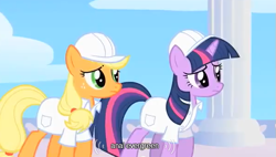 Size: 597x338 | Tagged: safe, derpibooru import, screencap, applejack, twilight sparkle, earth pony, pony, hard hat, hat, youtube caption