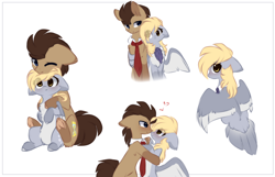Size: 2000x1284 | Tagged: safe, artist:little-sketches, derpy hooves, doctor whooves, earth pony, pegasus, pony, blushing, chest fluff, cravat, doctorderpy, eye contact, female, floppy ears, heart, hug, looking at each other, male, mare, necktie, pale belly, shipping, simple background, stallion, straight, tail feathers, underhoof, white background, winghug