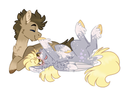 Size: 961x697 | Tagged: safe, artist:wanderingpegasus, derpy hooves, doctor whooves, earth pony, pegasus, pony, alternate design, chest fluff, doctorderpy, ear fluff, eyes closed, female, fluffy, freckles, male, prone, shipping, simple background, smiling, socks (coat marking), spots, star (coat marking), straight, transparent background