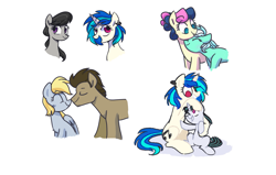 Size: 1261x803 | Tagged: safe, artist:yaaaco, bon bon, derpy hooves, dj pon-3, doctor whooves, lyra heartstrings, octavia melody, sweetie drops, vinyl scratch, oc, earth pony, pony, unicorn, doctorderpy, female, headcanon, lesbian, lyrabon, magical lesbian spawn, male, next generation, offspring, parent:octavia melody, parent:vinyl scratch, parents:scratchtavia, shipping, straight