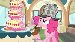 Size: 1366x768 | Tagged: safe, derpibooru import, screencap, pinkie pie, earth pony, pony, mmmystery on the friendship express, bubble pipe, cake, deerstalker, female, food, hat, lunatic, mare, solo, youtube caption, youtube link