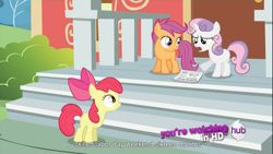 Size: 1366x768 | Tagged: safe, screencap, apple bloom, scootaloo, sweetie belle, ponyville confidential, cutie mark crusaders, meme, ponyville schoolhouse, youtube caption, youtube link