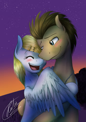 Size: 826x1169 | Tagged: safe, artist:pocketyhat, derpy hooves, doctor whooves, earth pony, pegasus, pony, blushing, doctorderpy, dusk, eyes closed, female, hairpin, hairpin derpy, happy, hug, jewelry, male, mare, necklace, shipping, smiling, stallion, stars, straight, twilight (astronomy)