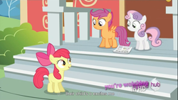Size: 1366x768 | Tagged: safe, screencap, apple bloom, scootaloo, sweetie belle, ponyville confidential, all new, cutie mark crusaders, meme, ponyville schoolhouse, text, youtube caption, youtube link