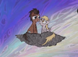 Size: 2124x1561 | Tagged: safe, artist:inky-draws, derpy hooves, doctor whooves, pony, 2013, doctorderpy, female, floating island, looking at each other, male, shipping, sitting, straight
