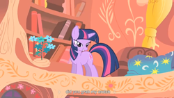 Size: 1366x768 | Tagged: safe, screencap, twilight sparkle, unicorn twilight, pony, unicorn, bedroom eyes, crotch grab, female, golden oaks library, mare, meme, youtube caption