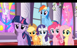 Size: 1024x640 | Tagged: safe, derpibooru import, screencap, applejack, fluttershy, pinkie pie, rainbow dash, rarity, twilight sparkle, earth pony, pegasus, pony, unicorn, the return of harmony, youtube caption