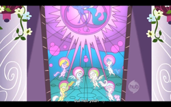 Size: 1024x640 | Tagged: safe, derpibooru import, screencap, applejack, fluttershy, nightmare moon, pinkie pie, rainbow dash, rarity, twilight sparkle, earth pony, pegasus, pony, unicorn, the return of harmony, mane six, stained glass, vulgar, youtube caption