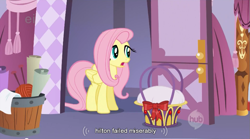 Size: 853x473 | Tagged: safe, derpibooru import, screencap, fluttershy, pegasus, pony, stare master, ei, hilton, hub logo, youtube caption