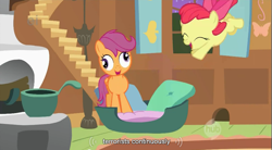 Size: 855x472 | Tagged: safe, screencap, apple bloom, scootaloo, derp, stare, terrorist, youtube caption