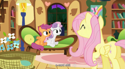 Size: 853x471 | Tagged: safe, derpibooru import, screencap, fluttershy, scootaloo, sweetie belle, pegasus, pony, stare master, ei, hub logo, vulgar, youtube caption