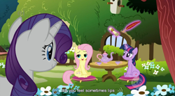 Size: 854x470 | Tagged: safe, derpibooru import, screencap, fluttershy, rarity, twilight sparkle, pegasus, pony, unicorn, stare master, ei, hub logo, youtube caption