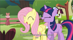 Size: 857x474 | Tagged: safe, derpibooru import, screencap, fluttershy, twilight sparkle, pegasus, pony, stare master, youtube caption