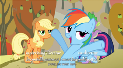 Size: 853x474 | Tagged: safe, derpibooru import, screencap, applejack, rainbow dash, twilight sparkle, earth pony, pegasus, pony, youtube caption