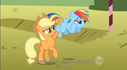 Size: 856x471 | Tagged: safe, derpibooru import, screencap, applejack, rainbow dash, earth pony, pegasus, pony, female, mare, youtube caption