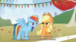 Size: 853x473 | Tagged: safe, derpibooru import, screencap, applejack, rainbow dash, earth pony, pegasus, pony, female, mare, youtube caption