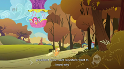 Size: 852x474 | Tagged: safe, derpibooru import, screencap, applejack, pinkie pie, rainbow dash, spike, dragon, earth pony, pegasus, pony, fall weather friends, american presidents, hot air balloon, megaphone, richard nixon, youtube caption