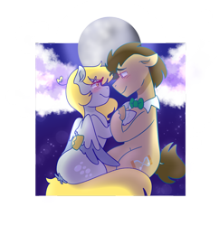 Size: 1280x1323 | Tagged: safe, artist:cubbybatdoodles, derpy hooves, ditzy doo, doctor whooves, earth pony, pegasus, pony, blushing, cloud, doctorderpy, female, looking at each other, male, mare, moon, shipping, smiling, stallion, straight