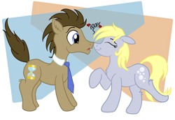 Size: 1600x1100 | Tagged: safe, artist:sixes&sevens, derpy hooves, doctor whooves, pony, abstract background, boop, doctorderpy, female, male, necktie, noseboop, raised hoof, shipping, straight, surprised