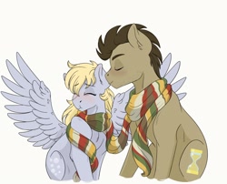 Size: 1898x1536 | Tagged: safe, artist:pastel-charms, derpy hooves, doctor whooves, pony, clothes, doctorderpy, female, fourth doctor's scarf, kissing, male, scarf, shared clothing, shared scarf, shipping, simple background, straight, white background