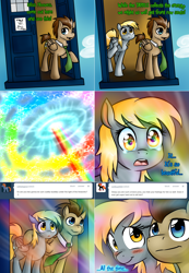 Size: 1562x2254 | Tagged: safe, artist:jitterbugjive, derpy hooves, doctor whooves, pegasus, pony, ask, blushing, comic, doctor who, doctorderpy, female, lovestruck derpy, male, mare, necktie, shipping, straight, tardis, tumblr, underp