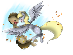 Size: 2048x1536 | Tagged: safe, artist:valiantstar00, derpy hooves, doctor whooves, earth pony, pegasus, pony, blushing, crying, cutie mark, doctorderpy, eyes closed, female, happy, leaves, male, mare, open mouth, shipping, simple background, spread wings, stallion, straight, tears of joy, white background, wings