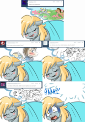 Size: 1562x2254 | Tagged: safe, artist:jitterbugjive, derpy hooves, doctor whooves, pony, ask, crying, doctorderpy, english muffin, female, lovestruck derpy, male, marriage, nightmare, pomf, pure unfiltered evil, shipping, sleeping, straight, tumblr, wedding, what are we gonna do on the bed?