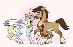 Size: 2223x1447 | Tagged: safe, artist:eperyton, derpy hooves, ditzy doo, doctor whooves, earth pony, pegasus, pony, alternate design, blushing, boop, chest fluff, clothes, doctorderpy, eye contact, female, heart, key, looking at each other, male, mare, noseboop, pale belly, scarf, shipping, smiling, stallion, straight, tongue out, unshorn fetlocks