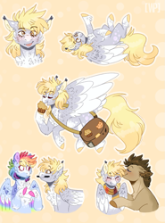 Size: 981x1324 | Tagged: safe, artist:wanderingpegasus, derpy hooves, doctor whooves, rainbow dash, earth pony, pegasus, pony, abstract background, blushing, chest fluff, clothes, cute, dashabetes, derpabetes, doctorderpy, female, food, happy, mailbag, male, mare, mouth hold, muffin, scarf, shipping, smiling, stallion, straight, tongue out