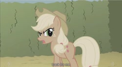 Size: 1280x705 | Tagged: safe, derpibooru import, screencap, applejack, earth pony, pony, the return of harmony, canterlot hedge maze, discorded, solo, youtube caption