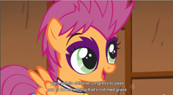 Size: 855x473 | Tagged: safe, screencap, scootaloo, the show stoppers, animation error, boris yeltsin, caption, face paint, meta, solo, wat, wrong eye color, youtube caption