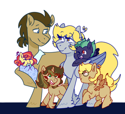 Size: 1280x1173 | Tagged: safe, artist:cubbybatdoodles, derpy hooves, ditzy doo, doctor whooves, oc, oc:brown butter, oc:hopscotch, oc:whimsical note, oc:wind biter, earth pony, pegasus, pony, unicorn, colt, daughter, doctorderpy, family, father, father and child, father and daughter, father and son, female, filly, foal, glasses, male, mare, mother, mother and child, mother and daughter, mother and son, offspring, one eye closed, parent and child, parent:derpy hooves, parent:ditzy doo, parent:doctor whooves, parent:time turner, parents:doctorderpy, shipping, son, stallion, straight, teething ring, tooth gap, underp, unshorn fetlocks