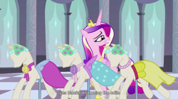 Size: 852x475 | Tagged: safe, derpibooru import, screencap, princess cadance, queen chrysalis, alicorn, changeling, changeling queen, pony, a canterlot wedding, fake cadance, solo, youtube caption