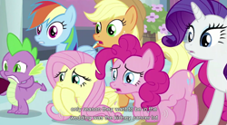 Size: 852x471 | Tagged: safe, derpibooru import, screencap, applejack, fluttershy, pinkie pie, rainbow dash, rarity, earth pony, pegasus, pony, unicorn, youtube caption