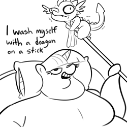 Size: 2250x2250 | Tagged: safe, artist:tjpones, spike, twilight sparkle, twilight sparkle (alicorn), alicorn, dragon, pony, abuse, bingo wings, dialogue, double chin, fangs, fat, fat boobs, female, male, mare, monochrome, obese, rag on a stick, rolls of fat, simple background, simpsons did it, spikeabuse, stick, the simpsons, traumatized, twiggie, twilard sparkle, white background