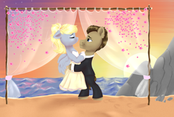 Size: 3000x2028 | Tagged: safe, artist:smelon, derpy hooves, doctor whooves, earth pony, pegasus, pony, alternate hairstyle, beach, clothes, commission, cute, derpabetes, doctorderpy, dress, eyes closed, eyeshadow, female, gloves, hug, lifting, makeup, male, mare, marriage, pants, rock, sand, shipping, shirt, stallion, straight, suit, sun, sunset, tuxedo, water, wedding, wedding dress, ych result