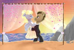 Size: 3000x2028 | Tagged: safe, alternate version, artist:smelon, derpy hooves, doctor whooves, earth pony, pegasus, pony, alternate hairstyle, beach, clothes, commission, cute, derpabetes, doctorderpy, dress, eyes closed, eyeshadow, female, gloves, hug, lifting, makeup, male, mare, marriage, pants, rock, sand, shipping, shirt, stallion, straight, suit, sun, sunset, tuxedo, water, wedding, wedding dress, ych result