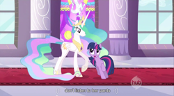 Size: 854x472 | Tagged: safe, screencap, princess celestia, twilight sparkle, alicorn, pony, meme, open mouth, raised hoof, smiling, youtube caption